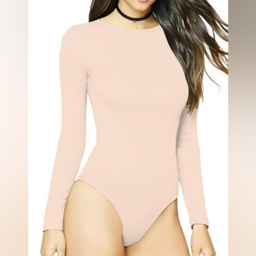 Women's Long Sleeve Thermal Bodysuit, Crew Neck, Thong Bottom, Nude/Seashell L
